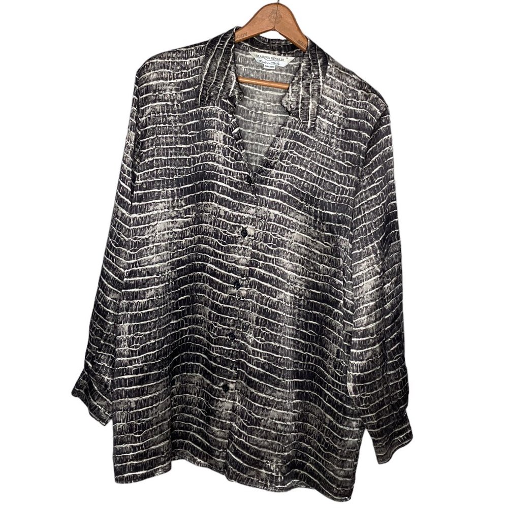 Marina Rinaldi Plus 19 US 10 10W Gray Alligator Croc‎ Print 100% Silk Blouse Top